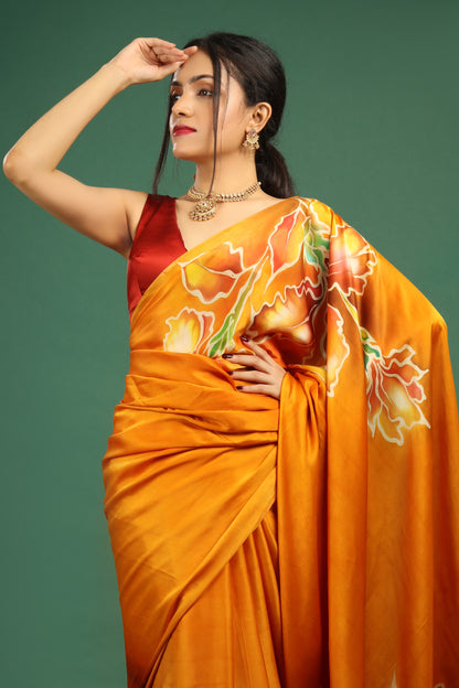 Vibrant Hand-Painted Pure Silk Satin Saree in Fiery Orange