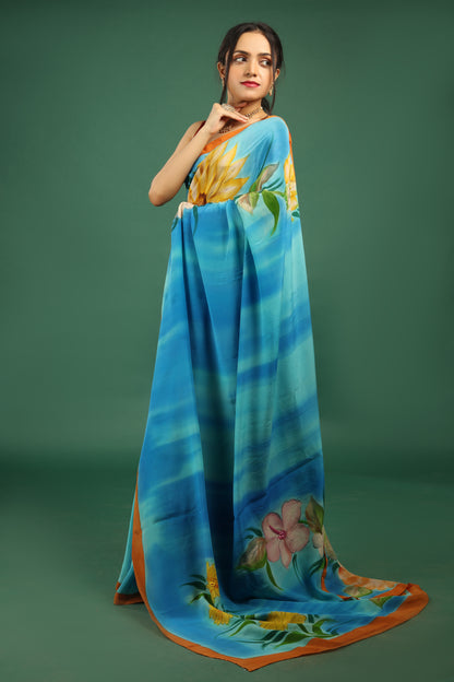 Turquoise Mulberry Silk Crepe Saree