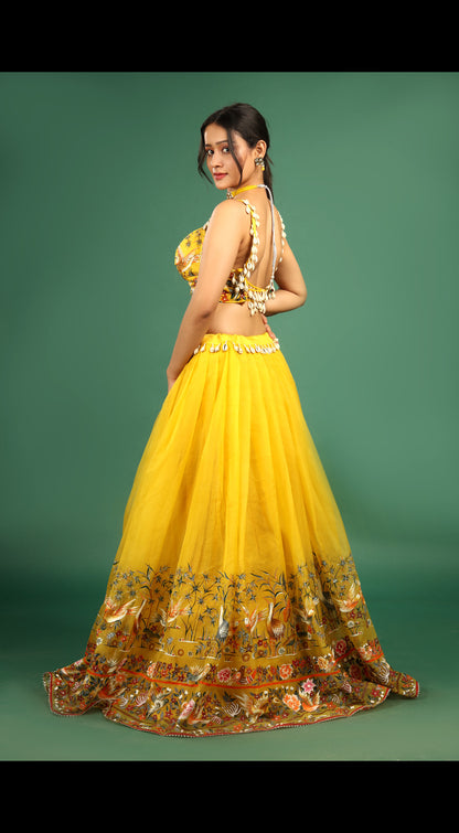 Hand Painted and Embroidered Pure Organza Lehenga Set