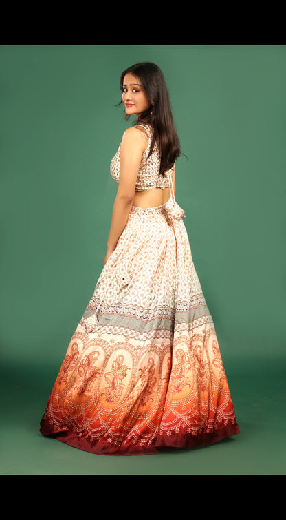 Hand Embroidered Digital Print Lehenga Set