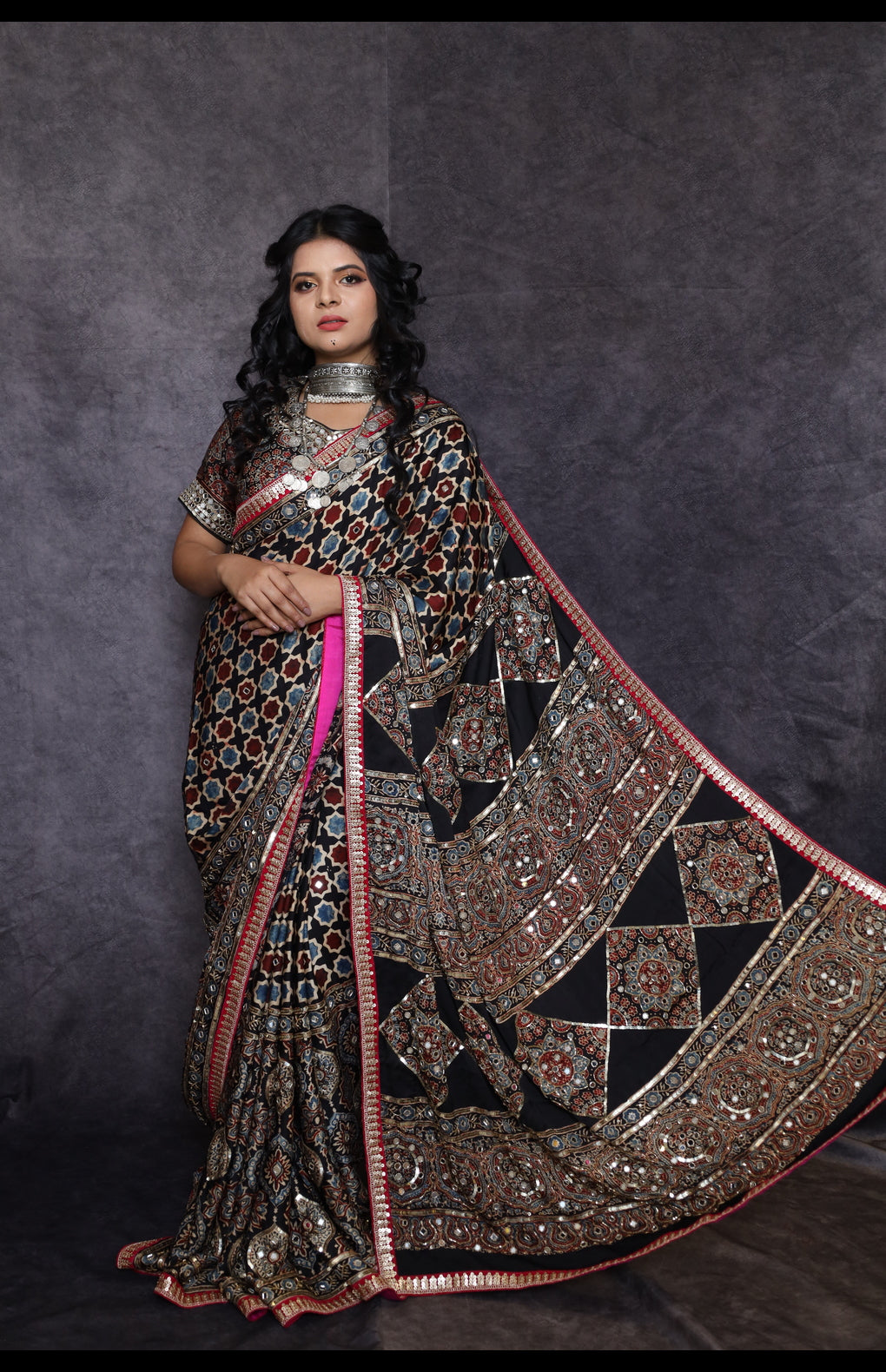 Hand Block Printed Ajrakh Saree with Embroidered Detailing