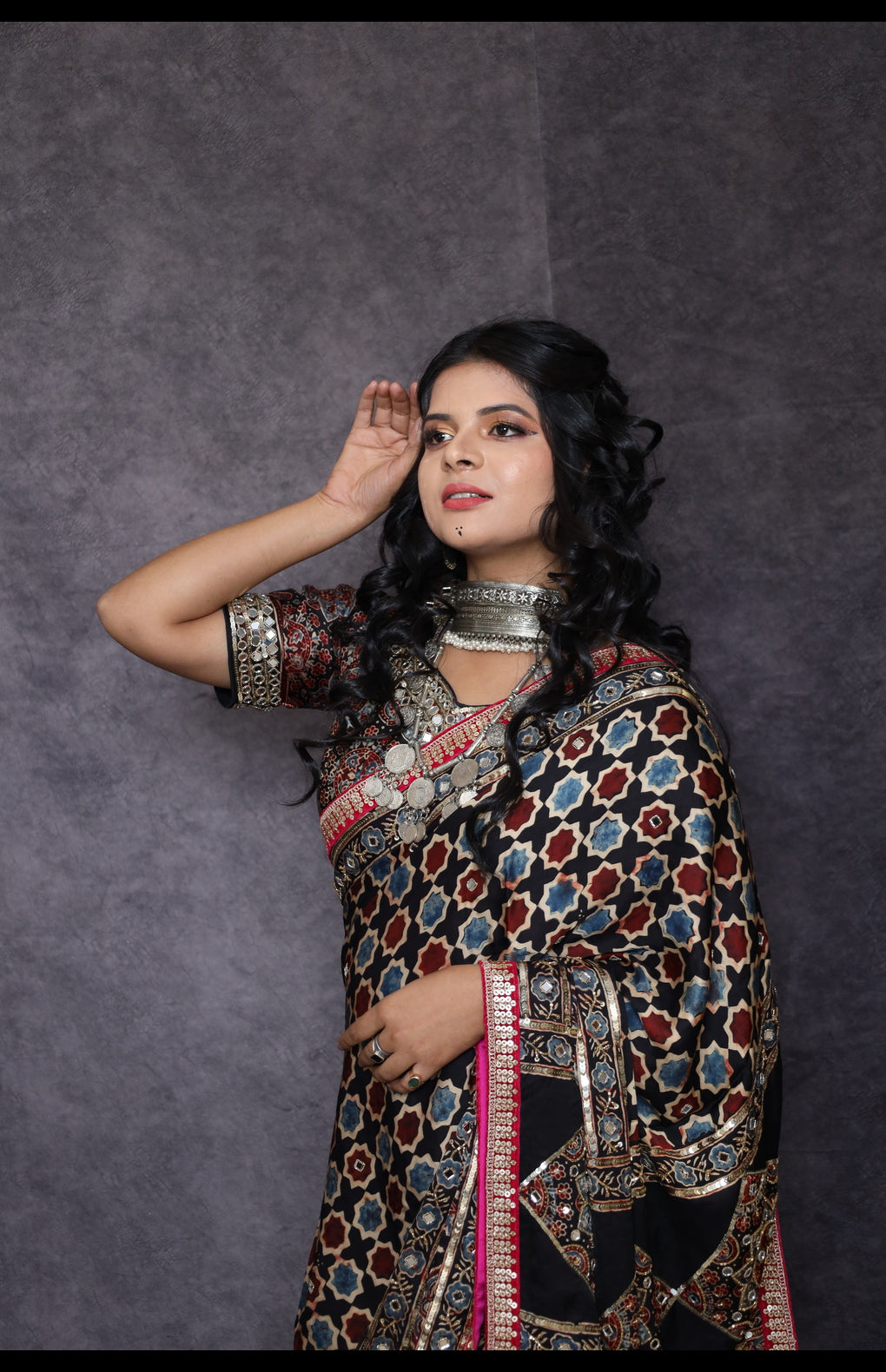 Hand Block Printed Ajrakh Saree with Embroidered Detailing