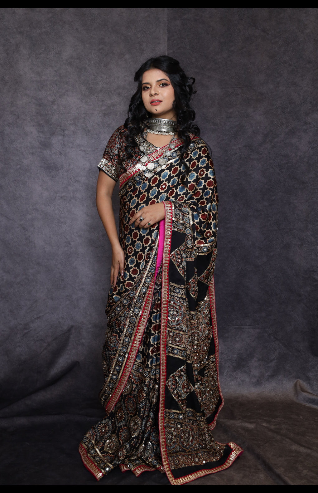 Hand Block Printed Ajrakh Saree with Embroidered Detailing