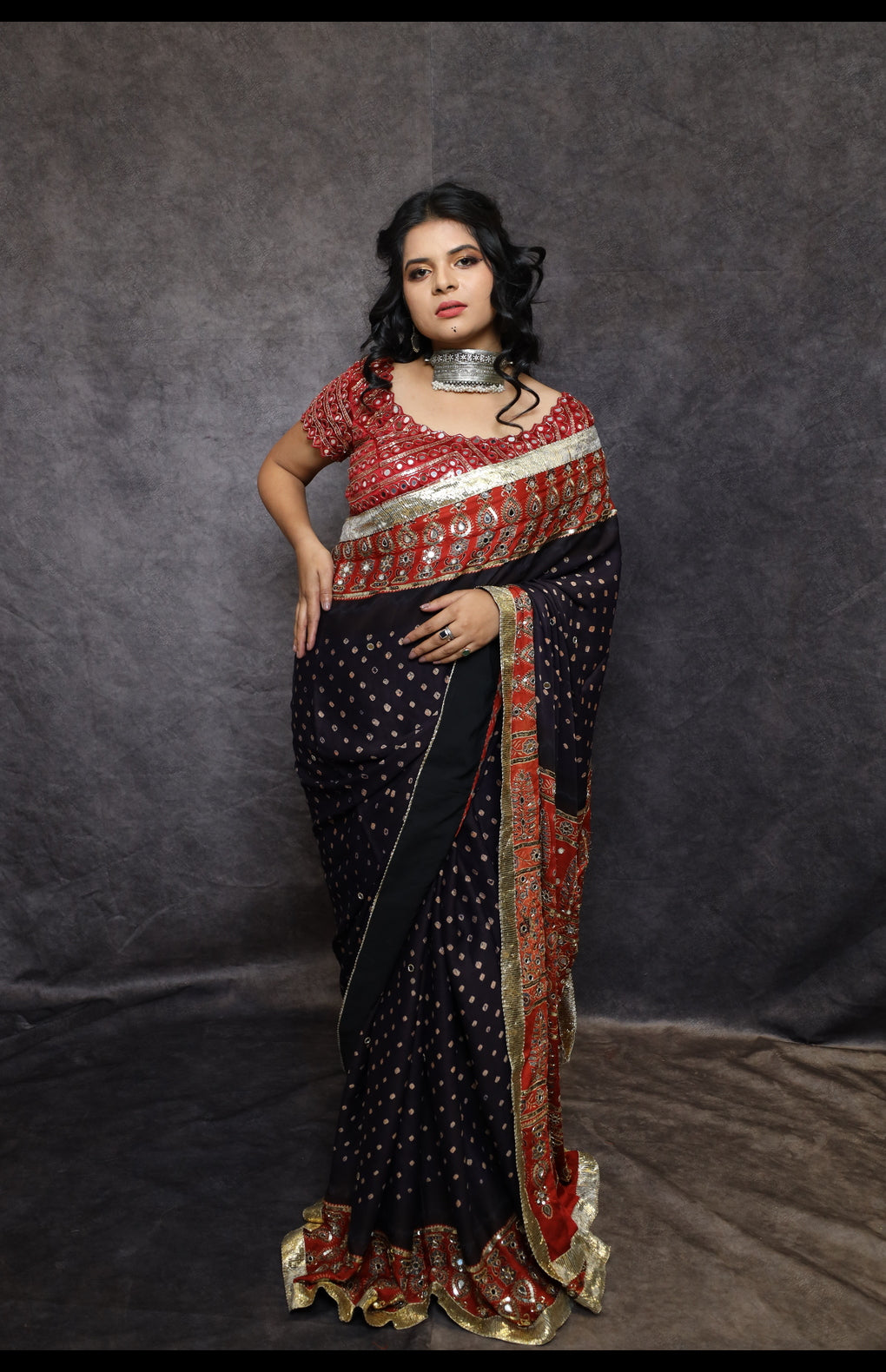 Hand-Tied Bandhani Modal Silk Saree with Hand-Embroidered Ajrakh Border