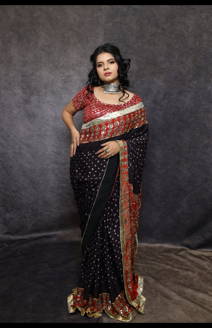 Hand-Tied Bandhani Modal Silk Saree with Hand-Embroidered Ajrakh Border