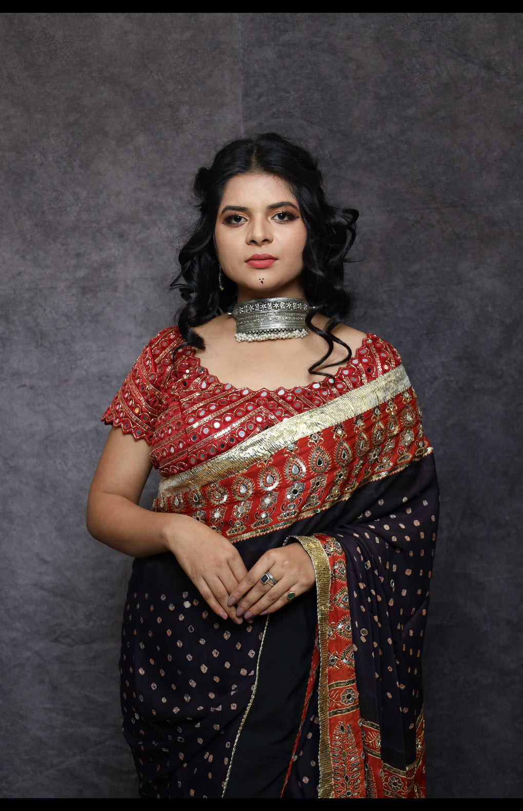 Hand-Tied Bandhani Modal Silk Saree with Hand-Embroidered Ajrakh Border