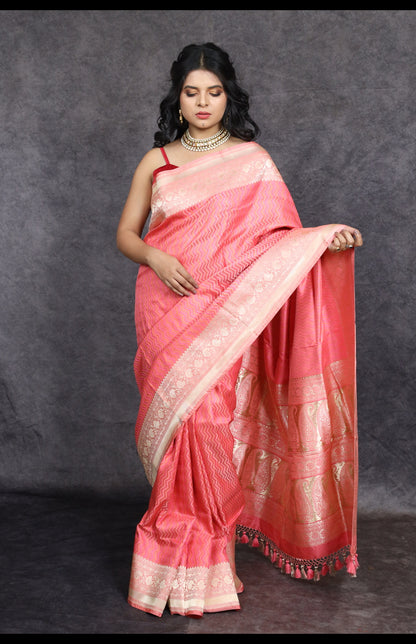 Handwoven Pure Katan Silk Banarasi Saree with Kadhiyal Border & Kadhua Meena Boota