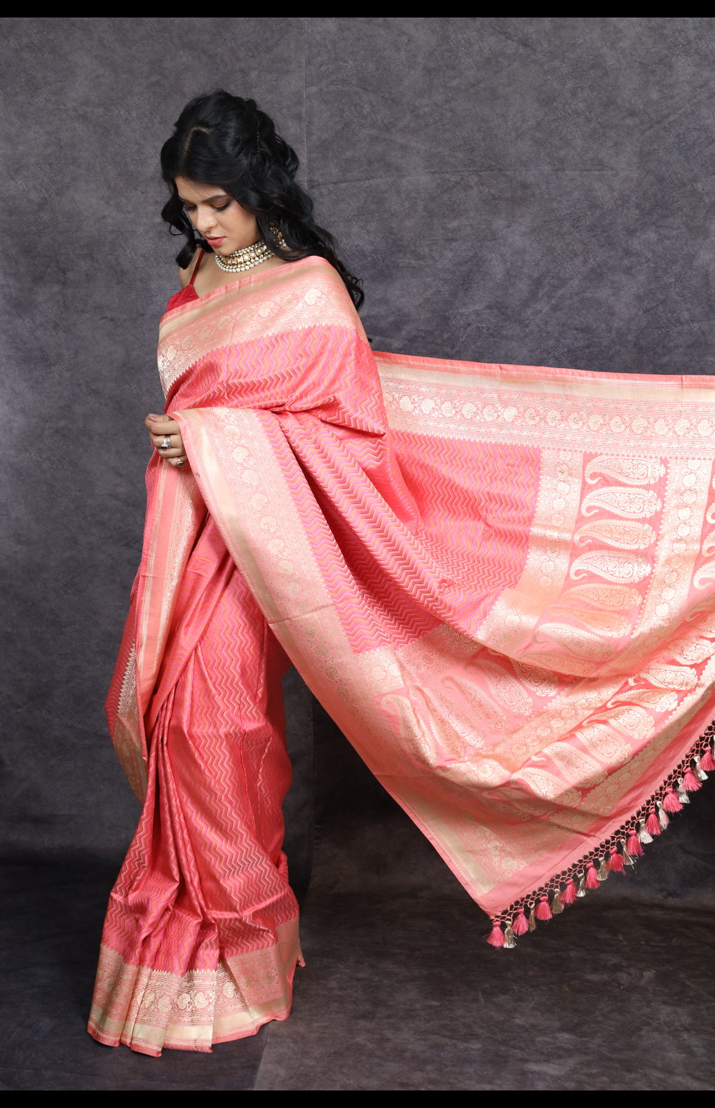 Handwoven Pure Katan Silk Banarasi Saree with Kadhiyal Border & Kadhua Meena Boota