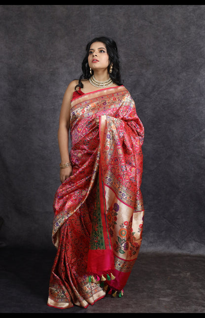 Handwoven Pure Katan Silk Banarasi Saree with Patola and Paithani Inspired Motifs