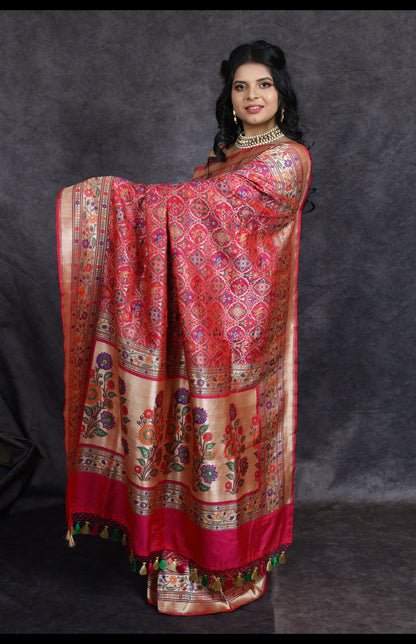 Handwoven Pure Katan Silk Banarasi Saree with Patola and Paithani Inspired Motifs