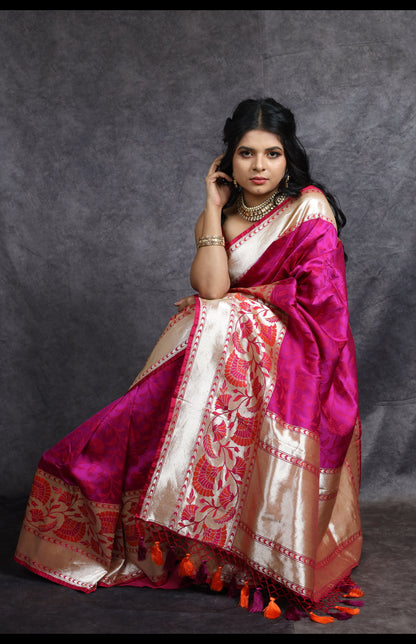 Handwoven Pure Katan Silk Banarasi Tanchui Saree with Zari Weave Border