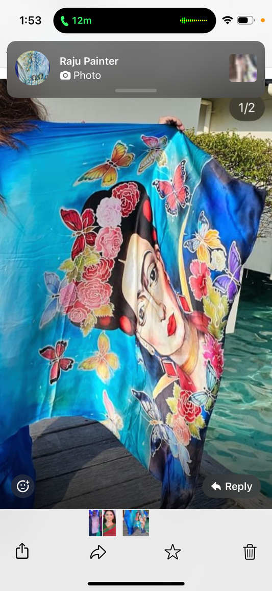 Hand-Painted Floral Pure Silk Saree with Embroidered Details