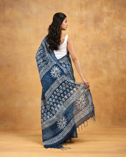 linen hand block printed saree