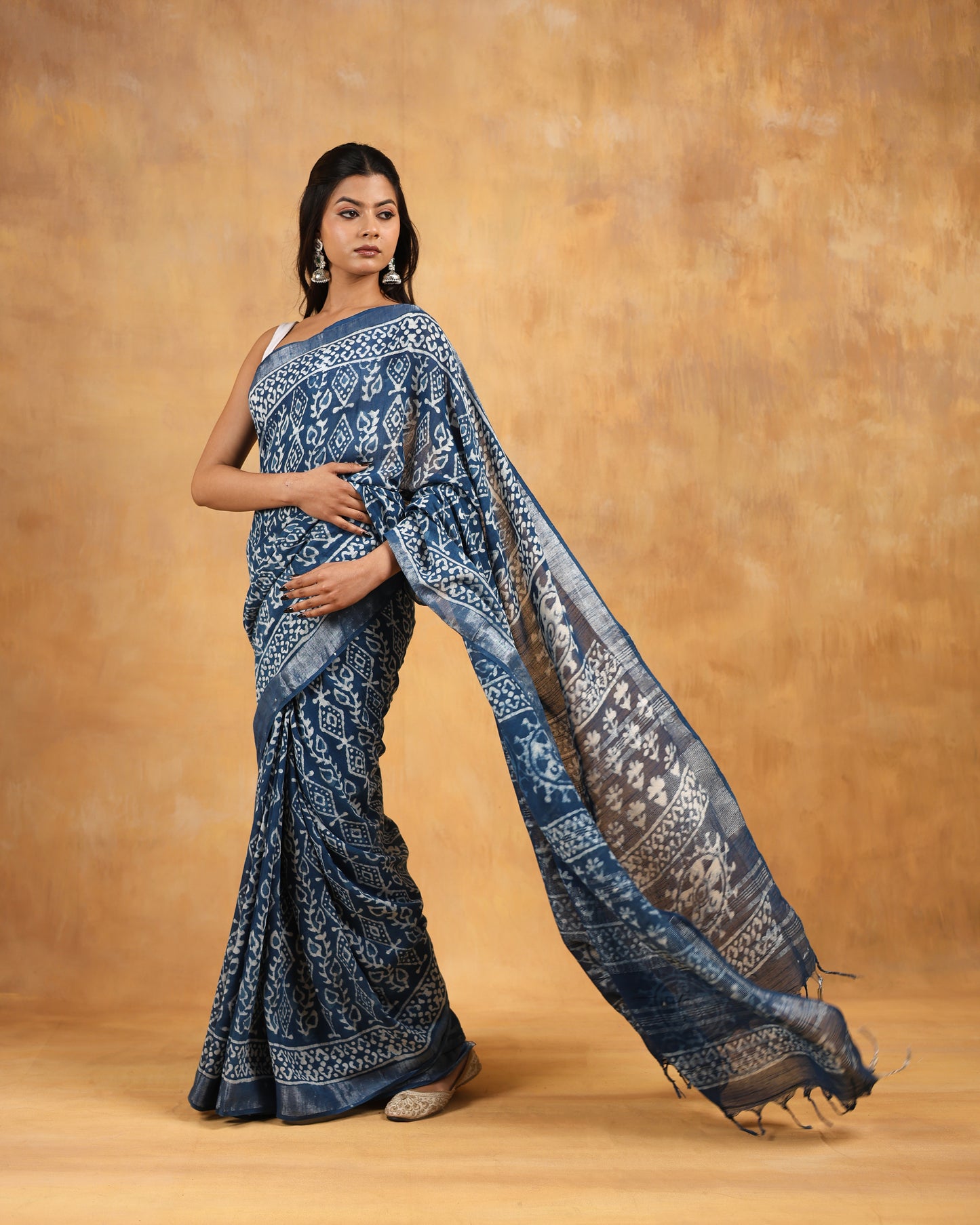 linen hand block printed saree