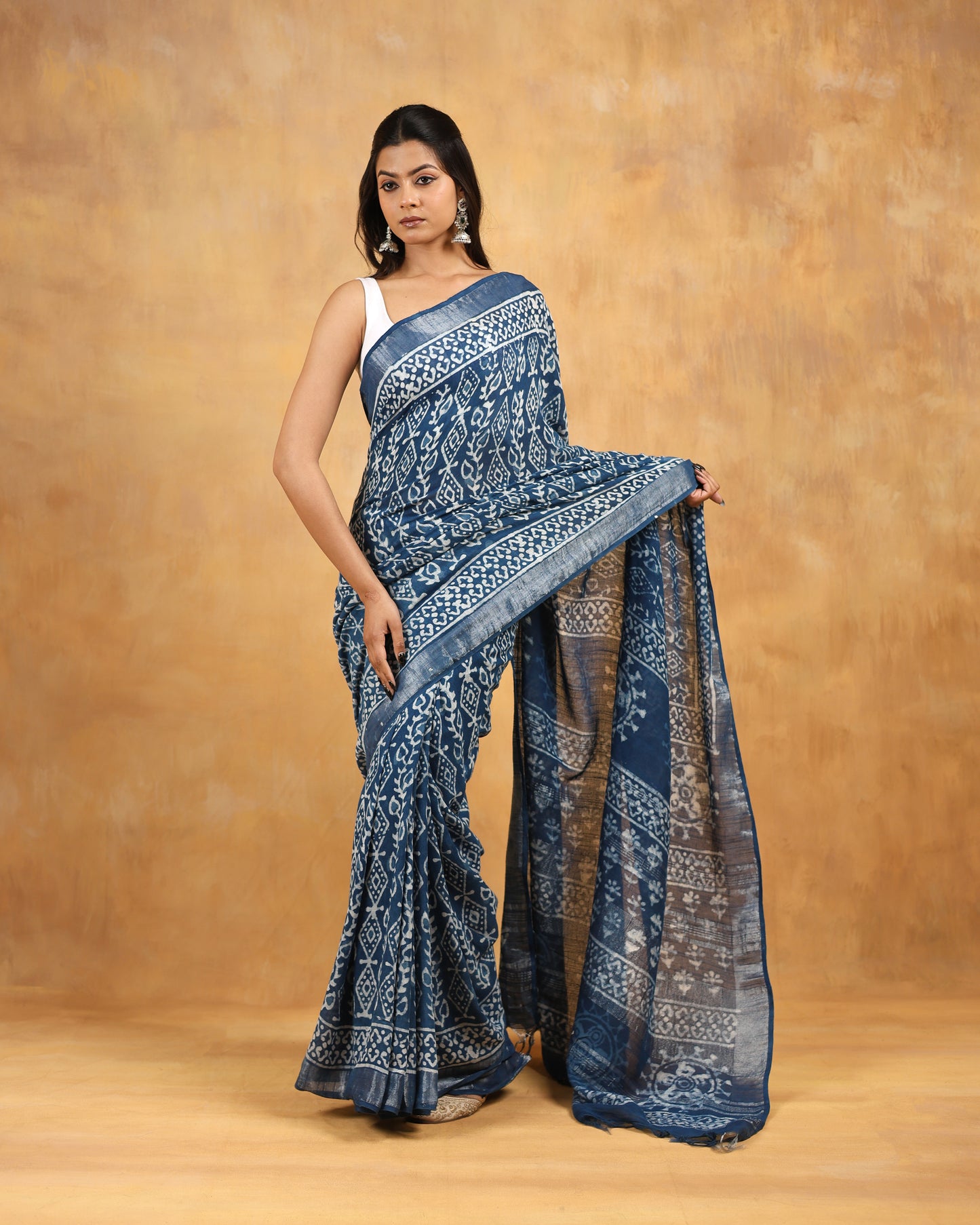linen hand block printed saree