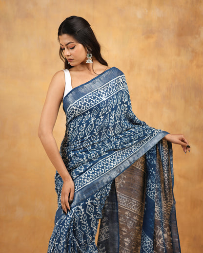 linen hand block printed saree