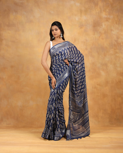 linen hand block hand printed saree