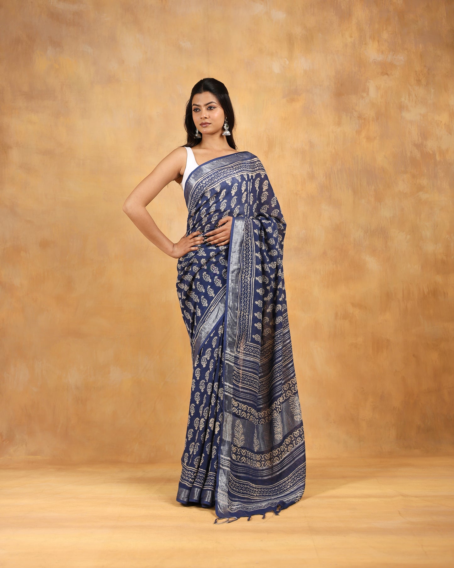 linen hand block hand printed saree