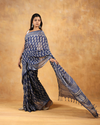 linen hand block hand printed saree