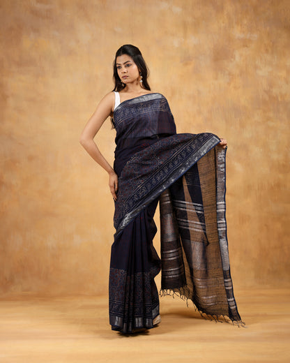 linen hand block hand printed saree