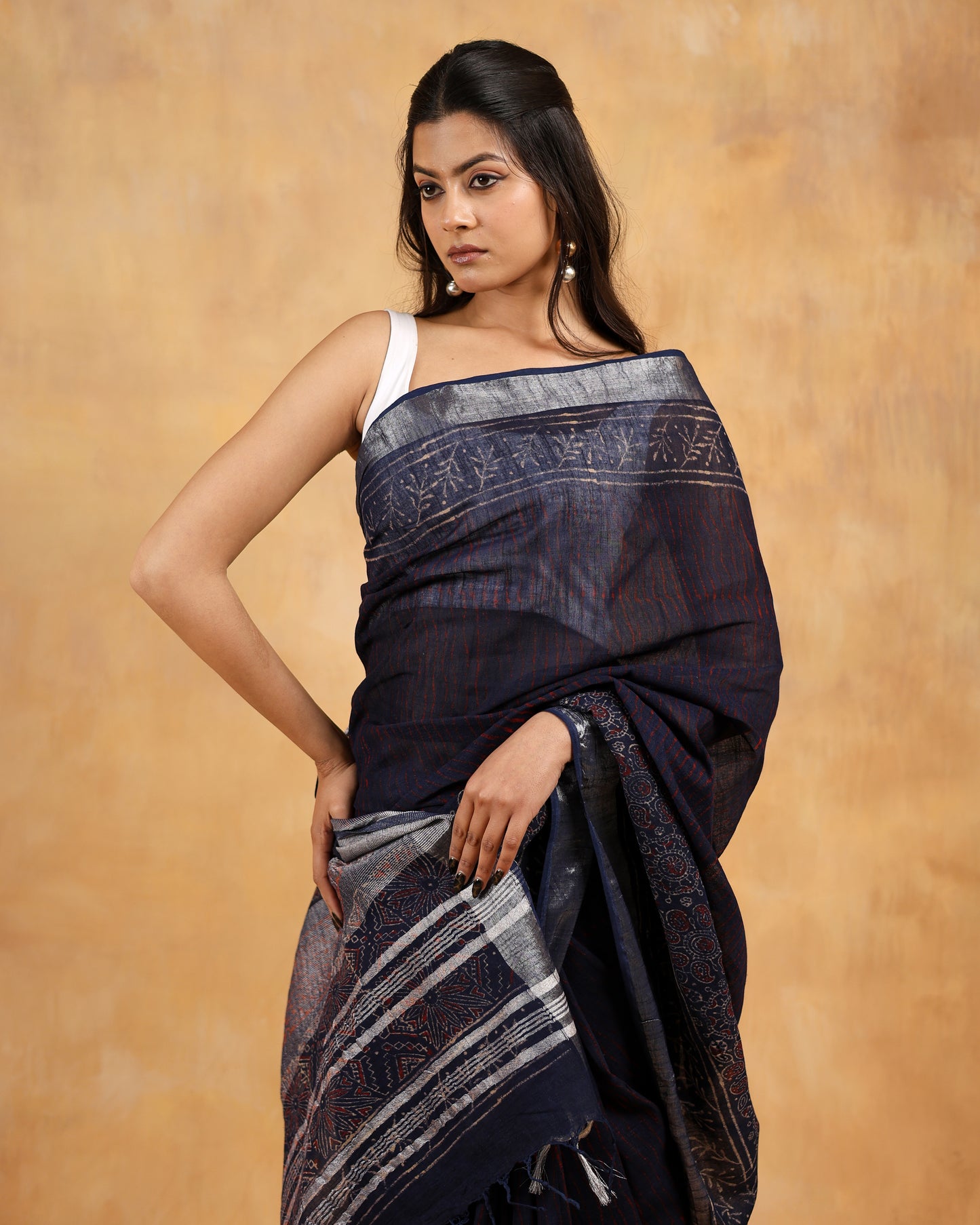 linen hand block hand printed saree
