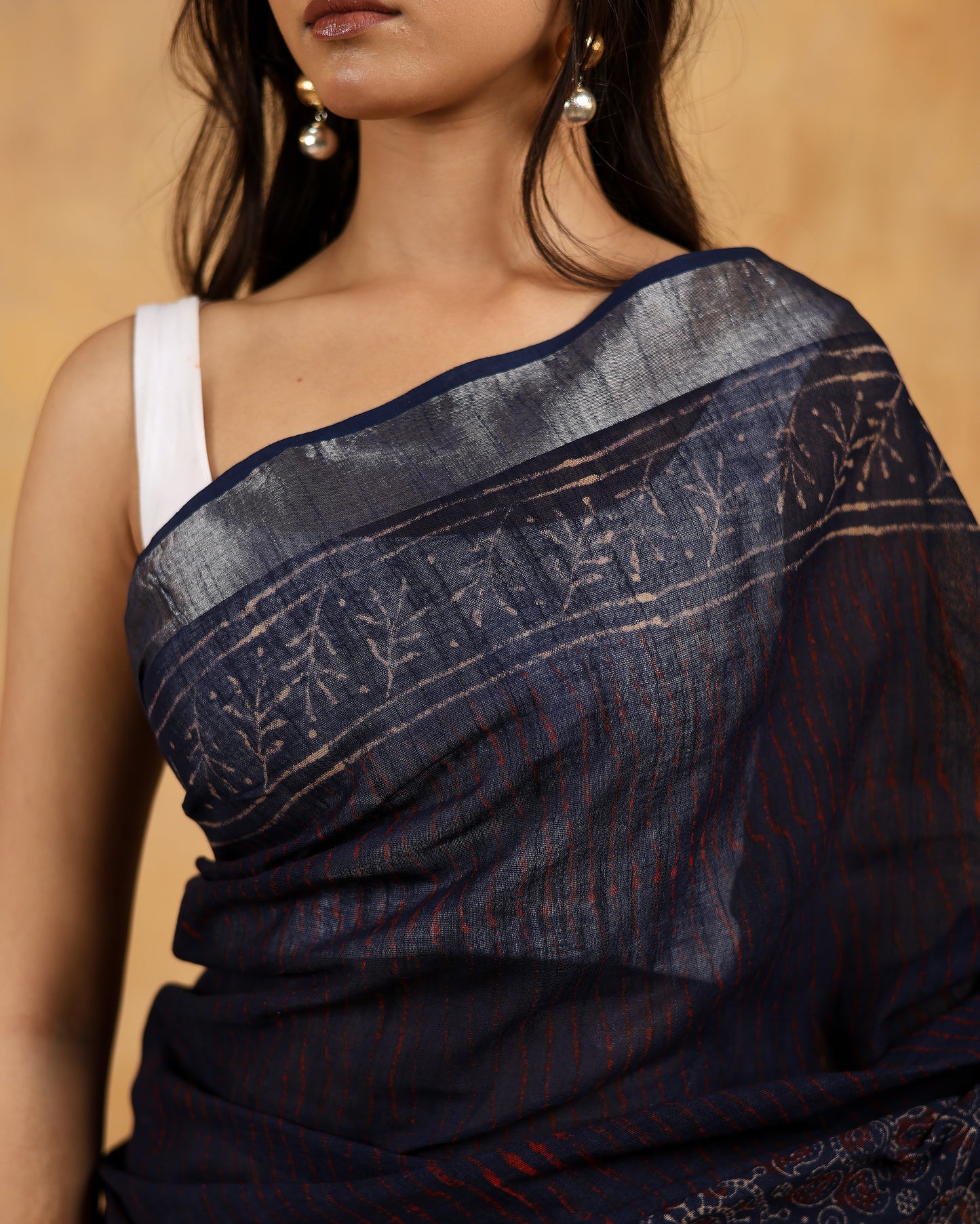 linen hand block hand printed saree