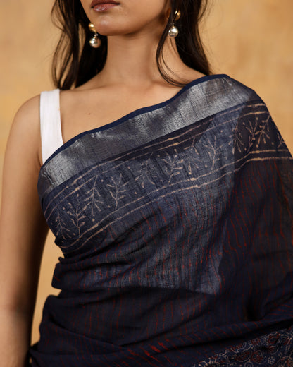 linen hand block hand printed saree