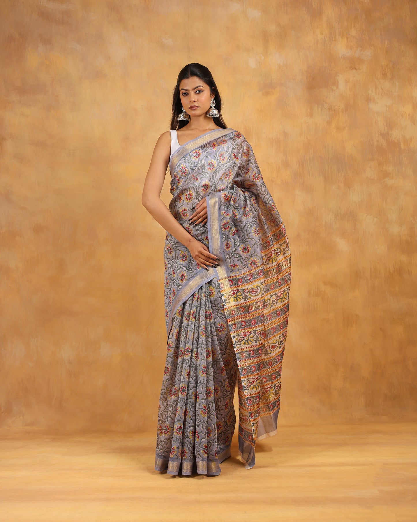 maheswari silk hand block printed saree