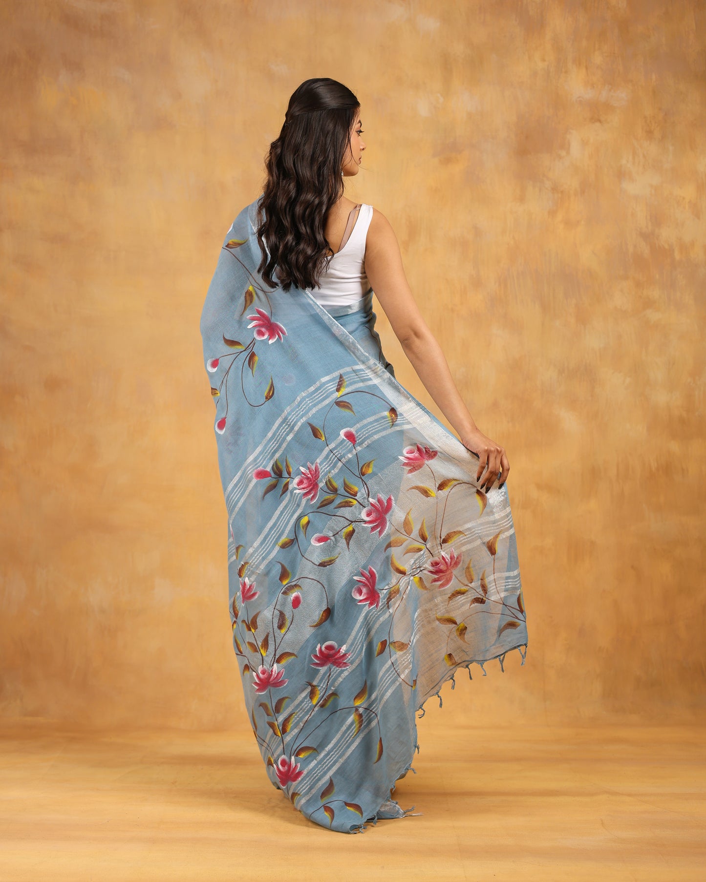 linen hand block printed saree