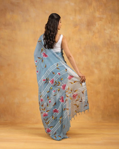 linen hand block printed saree