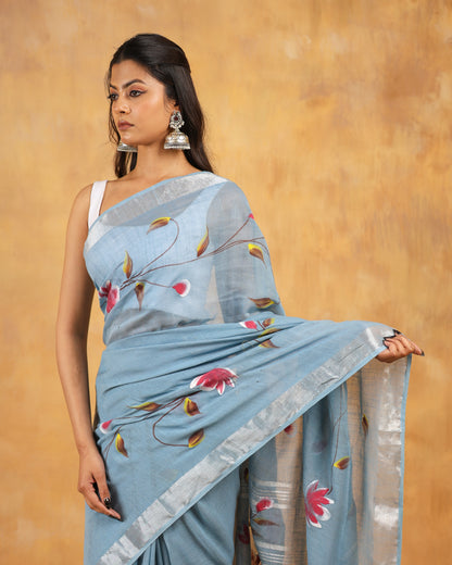 linen hand block printed saree