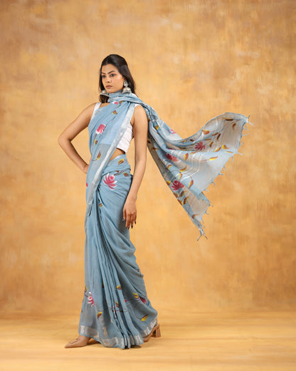 linen hand block printed saree