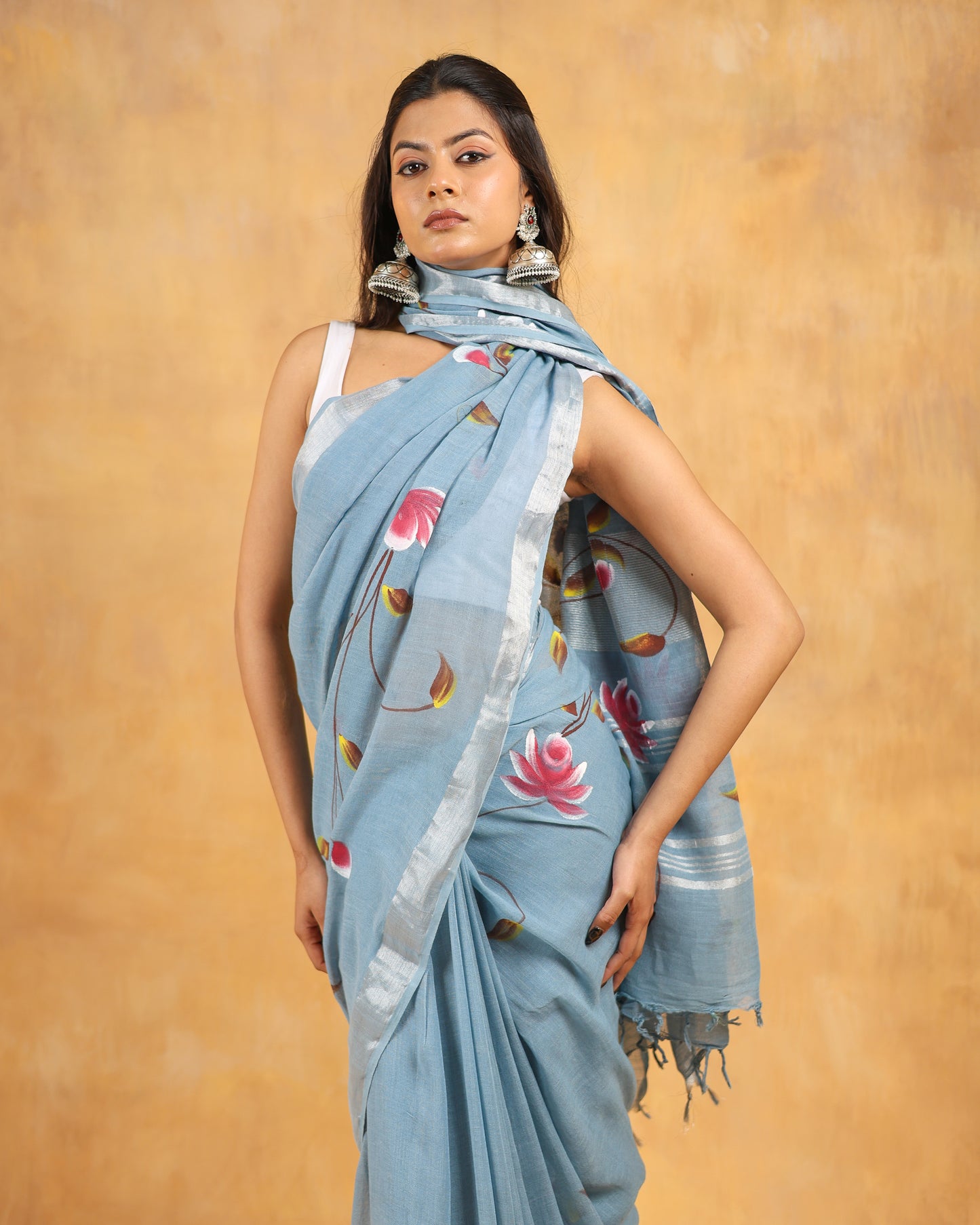 linen hand block printed saree