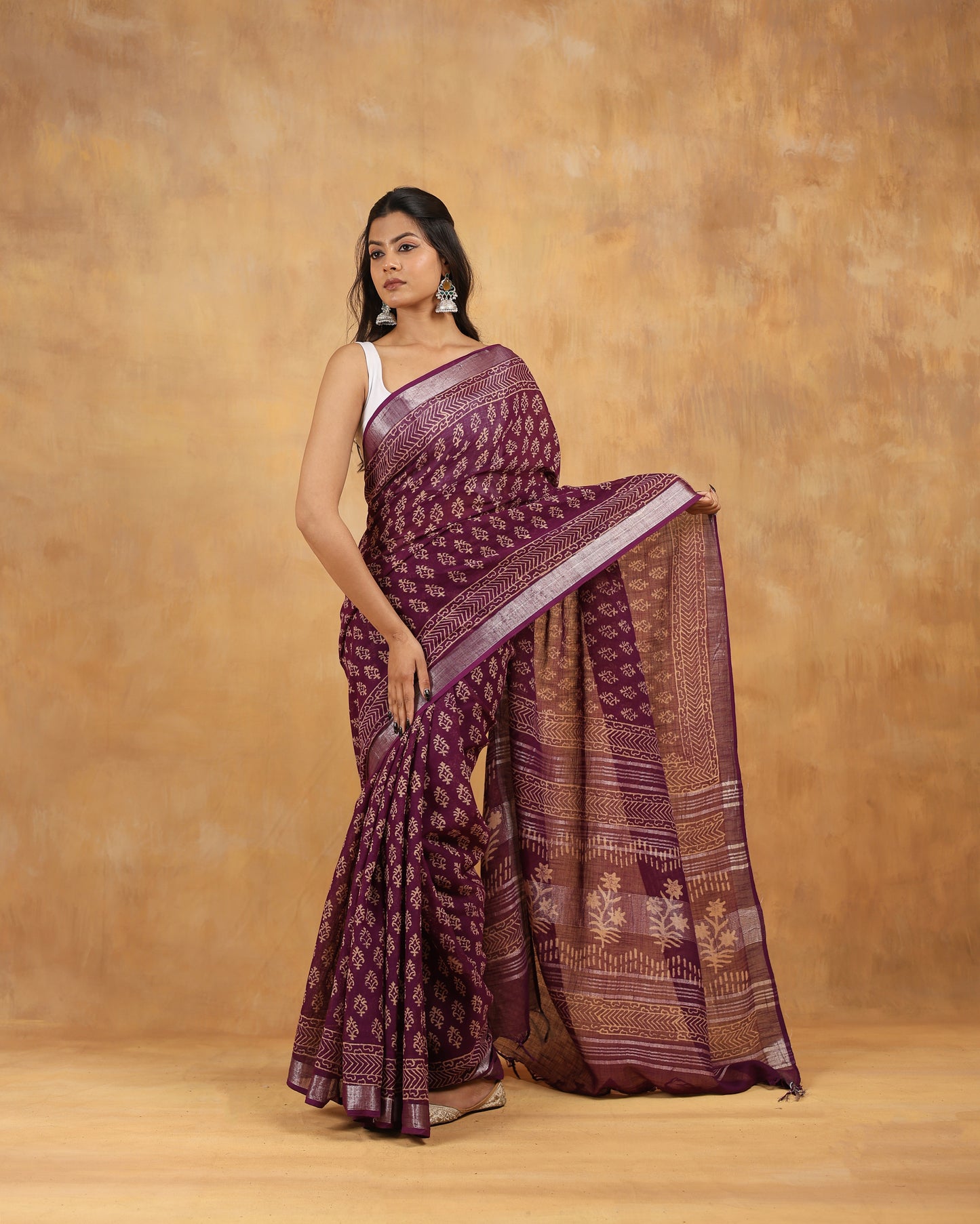 linen hand block hand printed saree