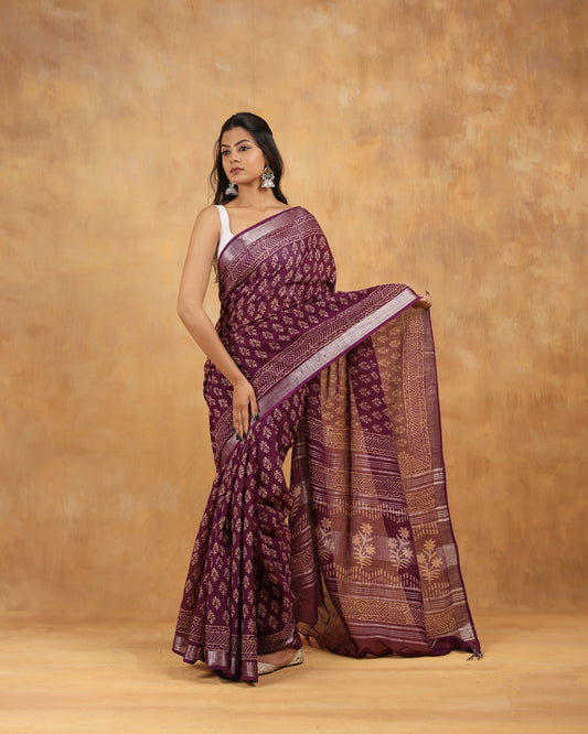 linen hand block hand printed saree