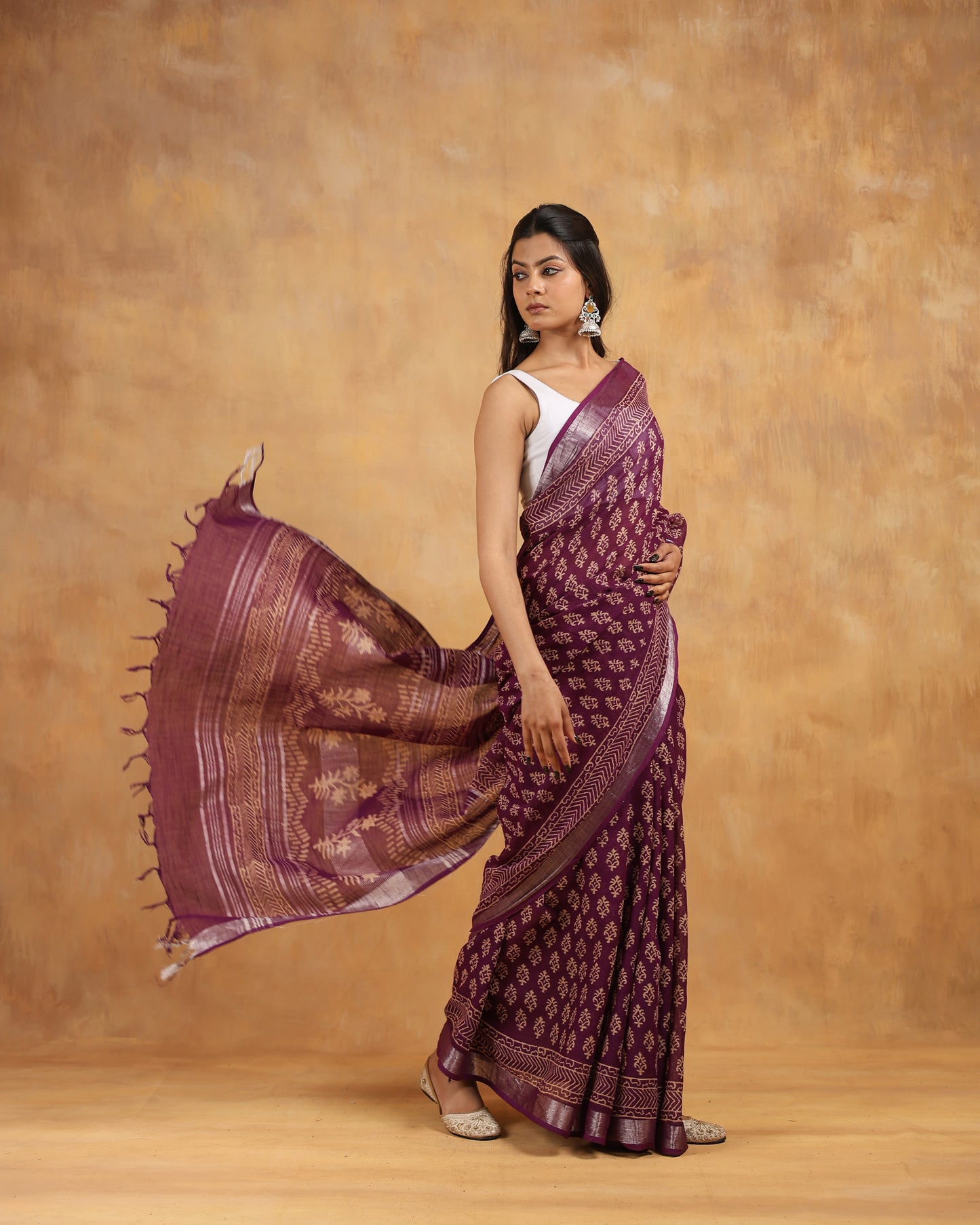 linen hand block hand printed saree