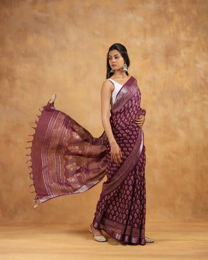 linen hand block hand printed saree