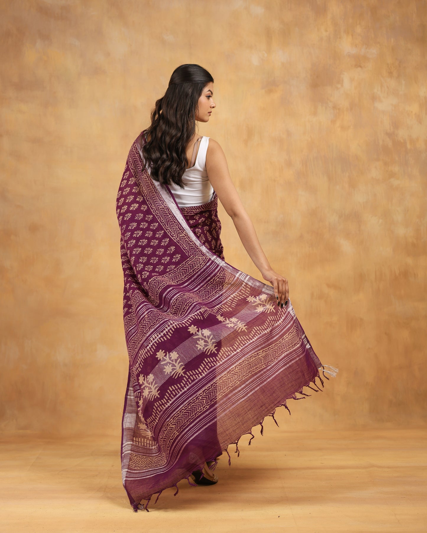 linen hand block hand printed saree
