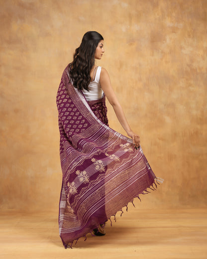 linen hand block hand printed saree