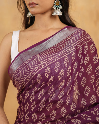 linen hand block hand printed saree