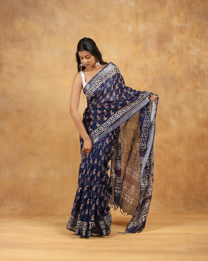 linen hand block hand printed saree