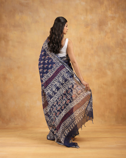 linen hand block hand printed saree