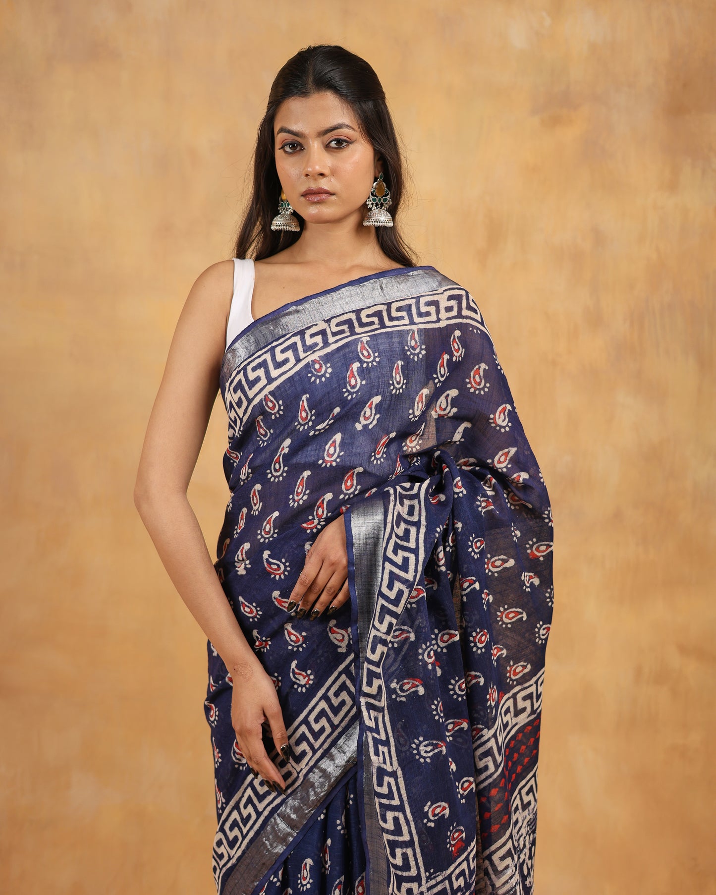 linen hand block hand printed saree