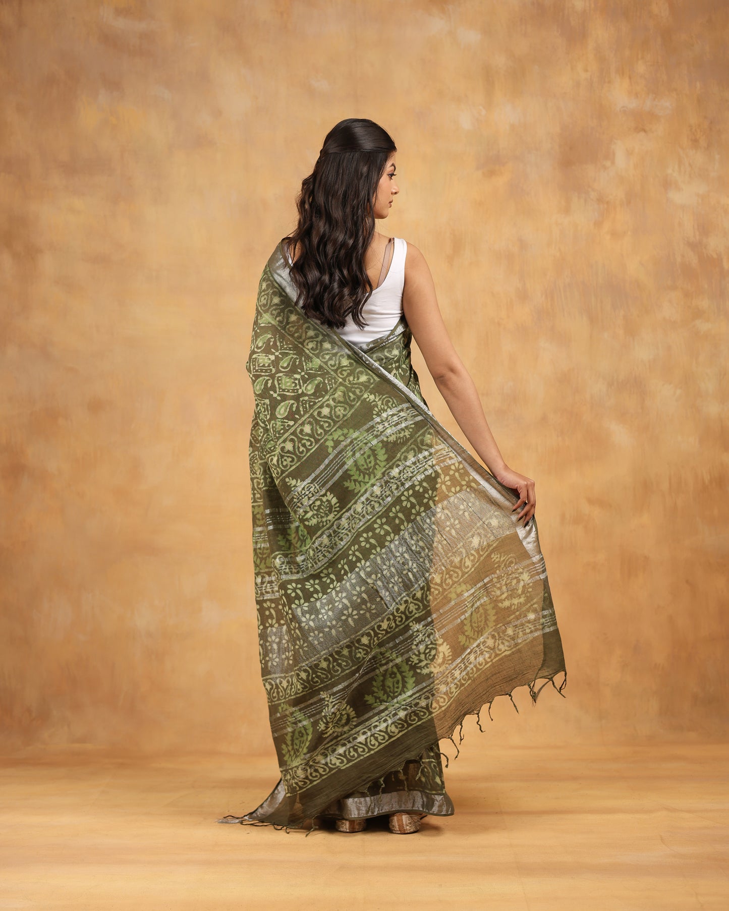 linen hand block printed saree