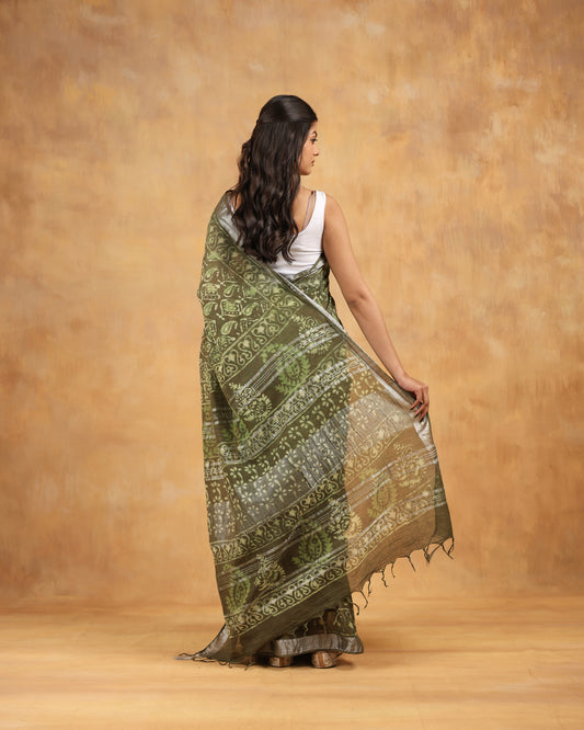 linen hand block hand printed saree