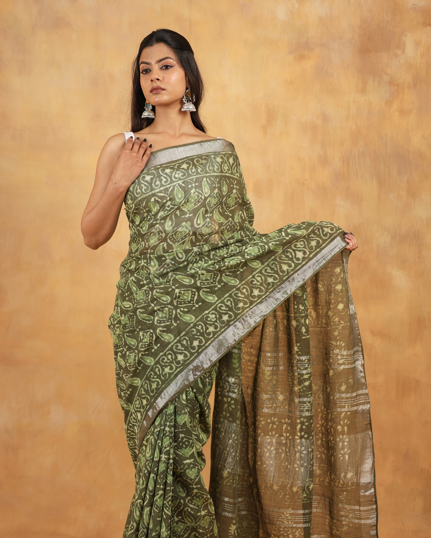 linen hand block hand printed saree