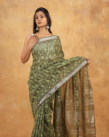 linen hand block hand printed saree