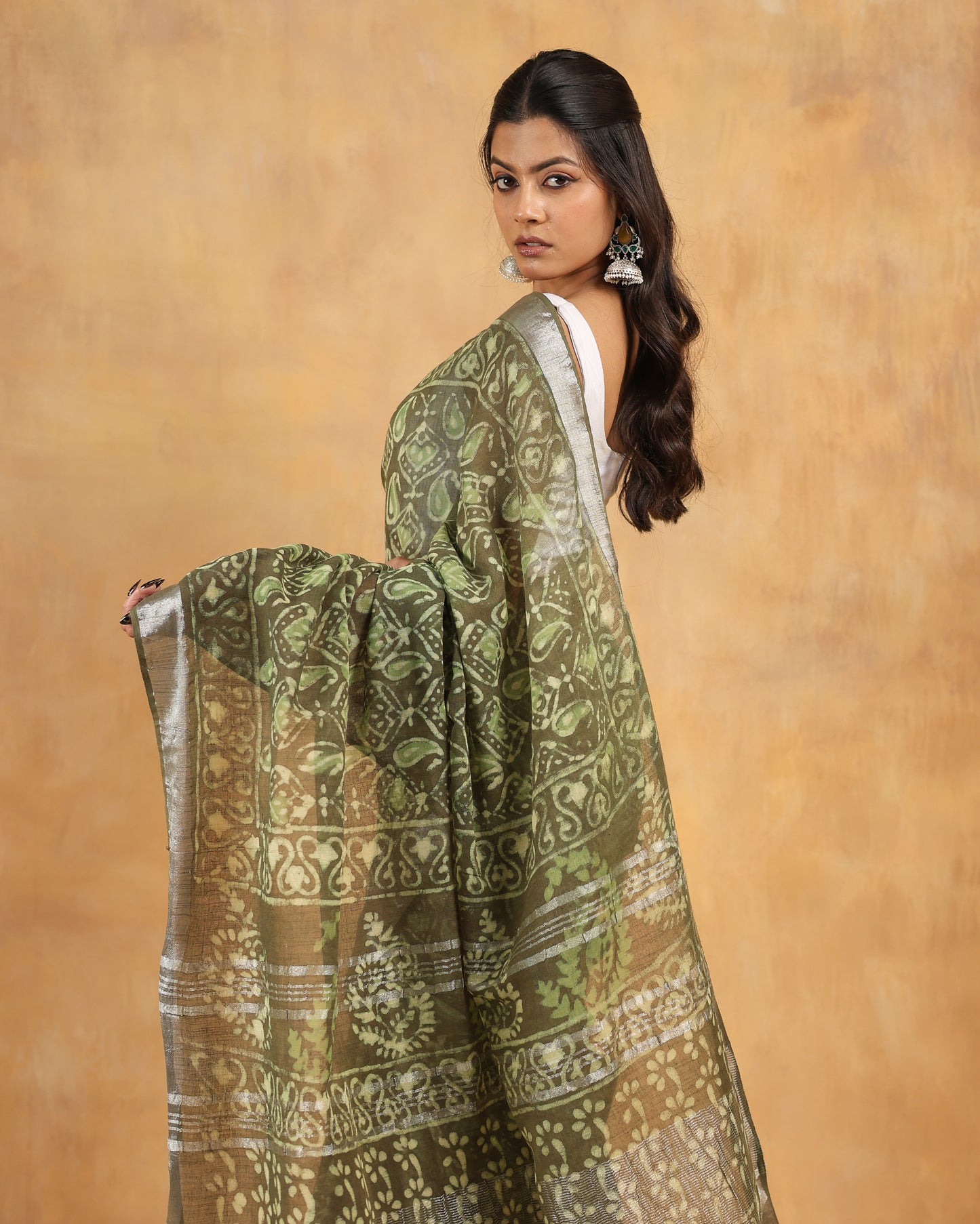 linen hand block hand printed saree