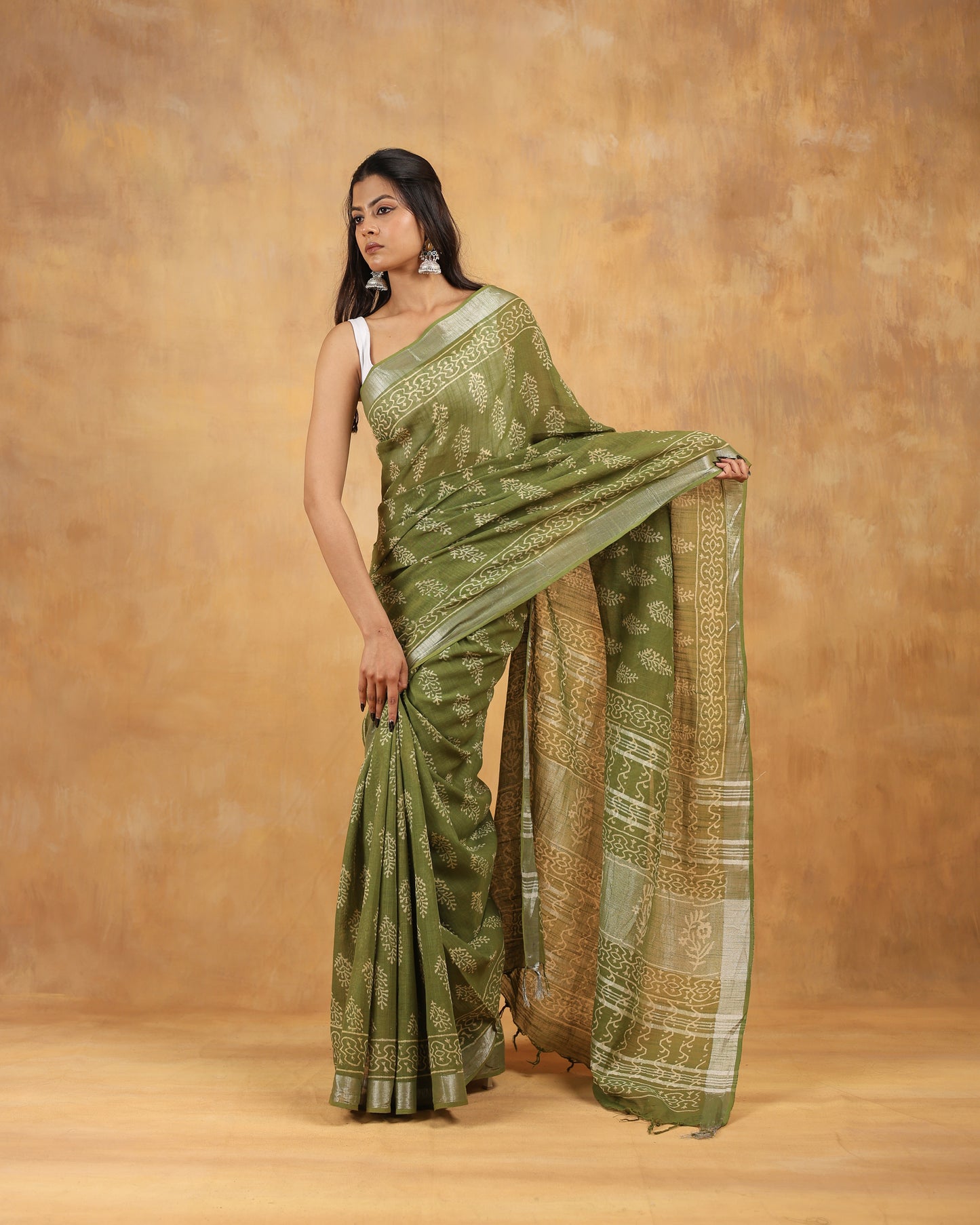 linen hand block hand printed saree