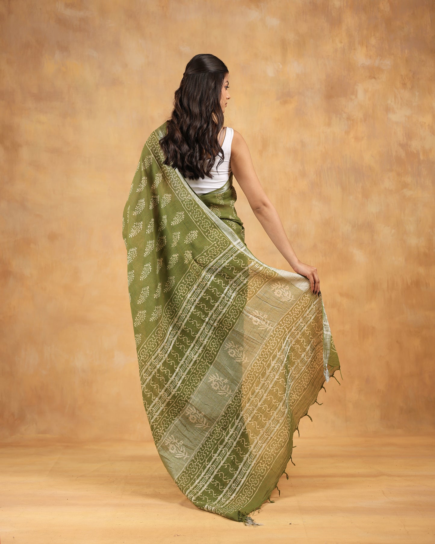 linen hand block hand printed saree